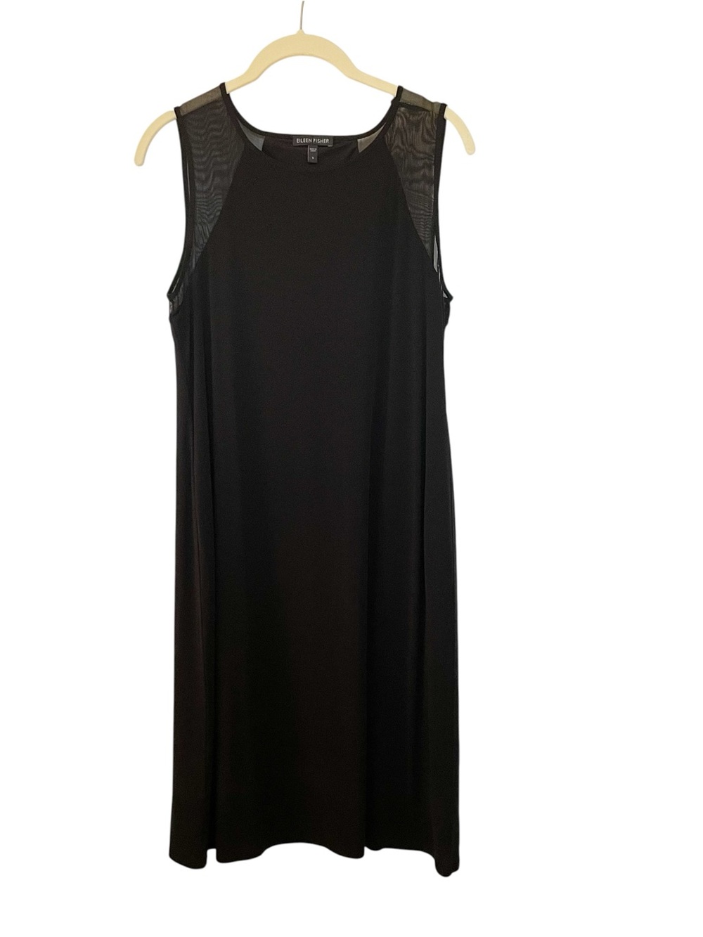 Eileen Fisher Black Sleeveless Shift Dress Small Sheer Shoulder Minimalist